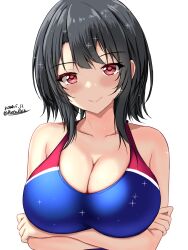 Rule 34 | 1girl, alternate costume, arms under breasts, black hair, blue one-piece swimsuit, breasts, cleavage, closed mouth, collarbone, commentary request, competition swimsuit, dated, dated commentary, highres, kantai collection, large breasts, looking at viewer, montemasa, one-piece swimsuit, red eyes, red one-piece swimsuit, short hair, smile, solo, sparkle, swimsuit, takao (kancolle), twitter username, two-tone swimsuit, upper body, wet, white background