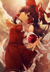 Rule 34 | 1girl, absurdres, apple, arm up, bandages, bare shoulders, bow, breasts, brown hair, closed mouth, collar, detached sleeves, dress, food, frills, fruit, hair between eyes, hair tubes, hakurei reimu, hand up, highres, holding, light, long sleeves, medium breasts, medium hair, midori (misuriru8), orange eyes, red bow, red dress, shadow, solo, sunlight, touhou, wide sleeves, yellow background, yellow neckwear