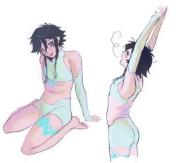 Rule 34 | 1boy, androgynous, aqua hair, black hair, braid, chest tattoo, closed mouth, crop top, full body, genshin impact, green eyes, highres, leg tattoo, low twin braids, male focus, multicolored hair, noredemptionarc, official alternate costume, shirt, shorts, smile, solo, stretching, tattoo, twin braids, venti (archon) (genshin impact), venti (genshin impact), white shirt, white shorts, white sleeves, yawning