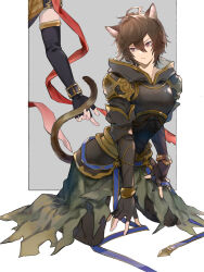 Rule 34 | 2boys, ahoge, alternate costume, animal ears, arm support, armor, belt, blue belt, bracelet, breastplate, brown hair, cape, cat ears, cat tail, commentary request, elbow gloves, fingerless gloves, frown, gloves, granblue fantasy, green cape, grey background, hair between eyes, hood, hood down, iwashi (morpho000), jewelry, kemonomimi mode, kneeling, lucifer (shingeki no bahamut), messy hair, multiple boys, pants, red eyes, red ribbon, ribbon, sandalphon (granblue fantasy), short hair, short sleeves, shoulder armor, tail, tail grab, tight clothes, tight pants, yaoi