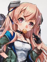 Rule 34 | 1girl, black gloves, breasts, brown eyes, cleavage, cookie, cropped, food, food in mouth, gloves, hair ornament, hand in pocket, highres, jacket, johnston (kancolle), kantai collection, light brown hair, long hair, looking at viewer, machinery, medium breasts, off shoulder, official art, photo (medium), shirt, single glove, solo, two side up, white shirt, zeco