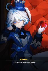 Rule 34 | 1girl, ahoge, black gloves, blue eyes, blue ribbon, closed mouth, crest, cup, drinking glass, english text, furina (genshin impact), genshin impact, gloves, hand on own cheek, hand on own face, hat, highres, holding, holding cup, li nauu, long sleeves, looking at viewer, medium hair, multicolored hair, on chair, pants, ribbon, shirt, sitting, smile, solo, top hat, white gloves, wine glass