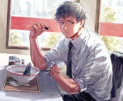 Rule 34 | 1boy, arm rest, black necktie, black pants, bowl, chair, chocolate, chopsticks, collared shirt, fate/grand order, fate (series), food, formal, grey hair, hand on table, hand rest, highres, holding, holding chocolate, holding food, indoors, male focus, necktie, orange eyes, pants, saitou hajime (fate), shirt, sitting, sleeves rolled up, solo, spoon, table, tray, uni (nico02), white shirt