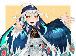 Rule 34 | 1boy, aged down, androgynous, aqua hair, blue hair, eyeshadow, fate/grand order, fate (series), forehead jewel, hat, long hair, makeup, male focus, multicolored hair, orange eyes, outstretched arms, peacock feathers, red eyeshadow, shi huang di (fate), shi huang di (third ascension) (fate), sindri, smile, solo, sparkle, spread arms, streaked hair, upper body, very long hair, white hair