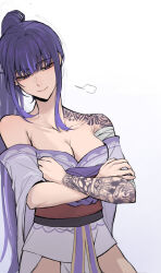 Rule 34 | 1girl, alternate hairstyle, arm tattoo, bandaged arm, bandages, bare shoulders, blunt bangs, breasts, breath, cleavage, closed mouth, crossed arms, floccioes, genshin impact, gradient background, highres, japanese clothes, kimono, large breasts, looking down, obi, obijime, off shoulder, ponytail, purple eyes, purple hair, purple kimono, raiden shogun, sash, short kimono, shoulder tattoo, simple background, smile, solo, tattoo