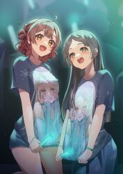 2girls absurdres ahoge black_shirt blunt_ends blush brown_hair character_print commentary_request gakuen_idolmaster glowstick gradient_hair hanami_ume highres holding holding_glowstick idolmaster kodama_(koda_mat) koukei_(idolmaster) kuramoto_china long_hair looking_at_viewer multicolored_hair multiple_girls orange_hair parted_bangs people print_shirt shinosawa_hiro shirt shirt_tucked_in silhouette smile straight_hair t-shirt thighs very_long_hair