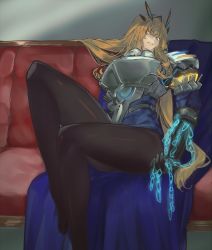 Rule 34 | 1girl, absurdres, armor, blonde hair, breastplate, breasts, brown pantyhose, chain, barghest (fate), barghest (first ascension) (fate), fate/grand order, fate (series), gauntlets, green eyes, highres, horns, knees up, large breasts, legs, long hair, looking at viewer, pantyhose, pauldrons, shoulder armor, sitting, smile, solo, thighs, yononaka