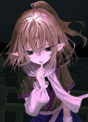 Rule 34 | 1girl, absurdres, arm warmers, biting own finger, blonde hair, bridge, brown shirt, commentary, crossed bangs, eyelashes, eyes visible through hair, floating hair, green eyes, hair between eyes, hand up, highres, looking at viewer, medium hair, mizuhashi parsee, night, open mouth, outdoors, pointy ears, ponytail, scarf, shirt, short sleeves, solo, touhou, tsurime, white scarf, yumeno ruruka