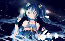 Rule 34 | 1girl, ahoge, bad id, bad pixiv id, blue dress, blue eyes, blue hair, blue nails, blue neckwear, blush, choker, closed mouth, detached sleeves, dress, fingernails, fireworks, hair between eyes, hair ornament, hairclip, hand up, hatsune miku, highres, long hair, looking away, looking to the side, nail polish, p2 (uxjzz), rabbit, sky, sparkler, star (sky), star (symbol), starry background, starry sky, twintails, very long hair, virgo (constellation), vocaloid, yuki miku