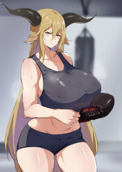 Rule 34 | 1girl, absurdres, adjusting clothes, adjusting gloves, animal ears, arknights, asymmetrical sidelocks, bare shoulders, black shorts, black sports bra, blonde hair, blurry, blurry background, blush, boxing gloves, breasts, collarbone, contrapposto, degenbrecher (arknights), gloves, goat ears, goat girl, goat horns, hair between eyes, highres, horns, huge breasts, long hair, looking at viewer, punching bag, short shorts, shorts, simple background, single bare arm, single glove, solo, sports bra, steaming body, sweat, sweaty clothes, thighs, very long hair, xllam, yellow eyes