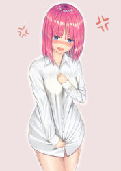 Rule 34 | 1girl, blue eyes, blunt bangs, blush, dress shirt, embarrassed, go-toubun no hanayome, hand on own chest, head tilt, highres, nakano nino, naked shirt, nyaa28, open mouth, pink hair, shirt, simple background, sleeves past wrists, thick thighs, thighs, white shirt