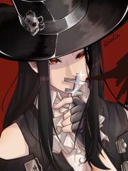 Rule 34 | 1other, androgynous, ascot, bare shoulders, black gloves, black hair, fingerless gloves, gloves, guilty gear, guilty gear strive, hat, hat ornament, highres, long hair, looking at viewer, other focus, red eyes, skull, skull hat ornament, testament (guilty gear), top hat, vaselinwithout, white ascot