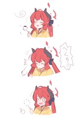 Rule 34 | 0 0, 1girl, 3koma, absurdres, blue archive, blue bow, bow, closed eyes, comic, commentary request, dango, demon horns, fang, food, hair bow, halo, highres, horns, japanese clothes, junko (blue archive), junko (new year) (blue archive), kimono, multiple views, official alternate costume, patanda, red hair, simple background, sketch, sneezing, tearing up, translated, twintails, upper body, wagashi, white background, yellow kimono