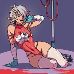 Rule 34 | 1girl, akairiot, aqua gloves, arm up, blood, blue eyes, breasts, covered navel, earrings, english text, gloves, grey hair, hair over one eye, highleg, highleg swimsuit, highres, jewelry, medium breasts, one-piece swimsuit, open mouth, original, pointy ears, red one-piece swimsuit, shadow, short hair, smile, solo, swimsuit, thighhighs, tongue, tongue out, vampire, white thighhighs