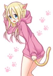 Rule 34 | 1girl, animal ears, arm up, blonde hair, blue eyes, blush, cat day, cat ears, cat girl, cat tail, clothes tug, commentary request, drawstring, hair between eyes, hood, hood down, hoodie, long hair, long sleeves, masuishi kinoto, open mouth, original, outline, pink hoodie, pink outline, sleeves past wrists, solo, tail, white background