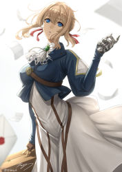 Rule 34 | 1girl, ascot, blonde hair, blue eyes, blue jacket, braid, brooch, brown gloves, dress, eiwa, envelope, flying paper, gloves, green brooch, hair intakes, hair ribbon, highres, jacket, jewelry, mechanical hands, necklace, paper, prosthesis, prosthetic hand, red ribbon, ribbon, single mechanical hand, skirt, suitcase, violet evergarden, violet evergarden (series), white ascot, white background, white skirt
