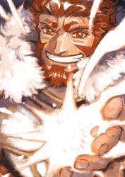 Rule 34 | 1boy, absurdres, beard, energy, facial hair, fate/grand order, fate (series), full beard, grin, highres, iskandar (fate), looking at viewer, lu sheng (qdc7d5a22frtytw), male focus, mature male, muscular, muscular male, outstretched hand, portrait, reaching, reaching towards viewer, red hair, short hair, smile, solo, thick beard, thick eyebrows