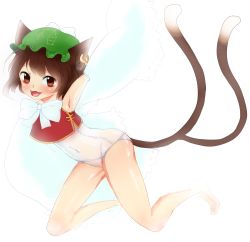 Rule 34 | 1girl, animal ears, armpits, barefoot, blush, brown eyes, brown hair, cat ears, cat girl, cat tail, chen, earrings, fangs, female focus, flat chest, hat, jewelry, multiple tails, one-piece swimsuit, pltrgst, short hair, smile, solo, swimsuit, tail, touhou, wet, wet clothes, white one-piece swimsuit