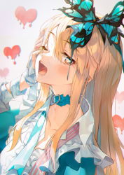 Rule 34 | 1girl, alice (grimlight), apron, bandaid, bandaid on hand, blonde hair, blue choker, blush, bug, butterfly, choker, collarbone, frilled apron, frills, green butterfly, grimlight, highres, huwari (dnwls3010), insect, long hair, looking at viewer, one eye closed, open mouth, orange eyes, parted bangs, solo