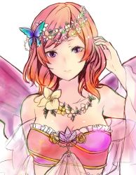Rule 34 | 1girl, bad id, bad pixiv id, blue eyes, breasts, butterfly hair ornament, cleavage, closed mouth, collarbone, flower, hair ornament, long hair, love live!, love live! school idol project, medium breasts, nishikino maki, red hair, shiny skin, simple background, smile, solo, swept bangs, upper body, uro (m369), white background, white flower, wings