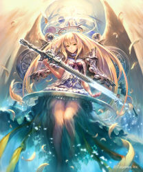Rule 34 | 1girl, blonde hair, feathered wings, feathers, floating hair, from below, green eyes, highres, hisakata souji, long hair, looking at viewer, see-through, shadowverse, sleeveless, smile, solo, sword, very long hair, weapon, white feathers, white wings, wings