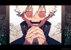 Rule 34 | 1boy, black background, blue eyes, boku no hero academia, burn scar, cheek piercing, dabi (boku no hero academia), ear piercing, floral background, flower, foreground text, hair between eyes, high collar, interlocked fingers, letterboxed, looking at viewer, macha@meshi, male focus, multiple scars, narrowed eyes, open mouth, own hands together, photo (object), piercing, portrait, portrait (object), scar, scar on face, scar on hand, scar on neck, shadow, short hair, smile, solo, spiked hair, spoilers, straight-on, text focus, todoroki touya, twitter username, white hair