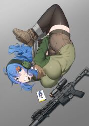 Rule 34 | 1girl, absurdres, ahoge, ankle boots, arched back, ass, bdsm, black thighhighs, blue eyes, blue hair, bondage, boots, bound, bound arms, bound legs, breasts, brown footwear, brown shorts, clenched teeth, ear protection, full body, green shirt, grey background, gun, hair ornament, hairclip, highres, id card, k0ng, large breasts, long hair, looking at viewer, lying, on side, original, parted lips, ponytail, restrained, rifle, shirt, short shorts, shorts, sig mcx, simple background, solo, tape, teeth, thighhighs, weapon