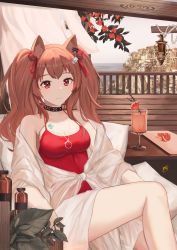 Rule 34 | 1girl, angelina (arknights), angelina (summer flower) (arknights), animal ear fluff, animal ears, arknights, beam, black collar, breasts, brown hair, casual one-piece swimsuit, city, cleavage, collar, commentary, drink, earpiece, feet out of frame, food, fox ears, fruit, hair ribbon, highres, infection monitor (arknights), italian commentary, jewelry, keaworks, looking at viewer, medium breasts, necklace, official alternate costume, one-piece swimsuit, outdoors, red eyes, red one-piece swimsuit, red ribbon, ribbon, sarong, sitting, smile, solo, swimsuit, swimsuit cover-up, twintails, white sarong