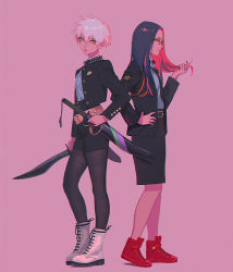 Rule 34 | 2girls, ankle boots, back-to-back, badge, belt, black jacket, black neckwear, black skirt, blue hair, boots, brown legwear, commentary request, eyeshadow, fine fabric emphasis, glasses, green eyes, hair between eyes, hand on own hip, holding, holding sword, holding weapon, jacket, long sleeves, looking at viewer, makeup, multicolored hair, multiple girls, necktie, original, pantyhose, parted lips, pink background, red footwear, red hair, scabbard, sheath, shoes, simple background, skirt, standing, sword, tomono rui, two-tone hair, weapon, white footwear, white hair