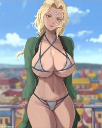 Rule 34 | 1girl, arachnart, artist name, bikini, blonde hair, breasts, cleavage, closed mouth, covered erect nipples, curvy, female focus, forehead jewel, highres, large breasts, long hair, micro bikini, naruto (series), navel, smile, solo, stomach, swimsuit, tagme, thick thighs, thighs, tsunade (naruto), underboob, wide hips, yellow eyes