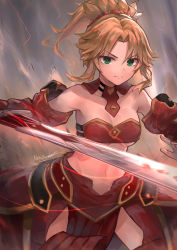 Rule 34 | 1girl, absurdres, blonde hair, bra, breasts, choker, cleavage, collarbone, detached sleeves, fate/apocrypha, fate (series), green eyes, groin, hair ornament, hair scrunchie, high ponytail, highres, holding, holding sword, holding weapon, long hair, looking at viewer, medium breasts, midriff, mordred (fate), mordred (fate/apocrypha), navel, neonbeat, red bra, red scrunchie, red skirt, scrunchie, signature, skirt, solo, standing, stomach, sword, underboob, underwear, weapon
