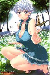 Rule 34 | 1girl, absurdres, action pizazz, blue eyes, blue hair, breasts, bug, butterfly, cleavage, dress, earrings, field, flower, flower field, highres, bug, jewelry, kuon michiyoshi, large breasts, legs, lily (flower), matching hair/eyes, necklace, pointing, sandals, short hair, sleeveless, solo, tree