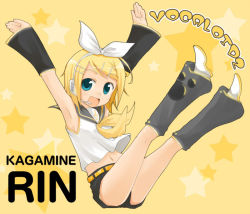 Rule 34 | 1girl, :d, arm warmers, armpits, arms up, belt, black shorts, blonde hair, blouse, blue eyes, blush, bow, character name, copyright name, detached sleeves, falling, full body, hair bow, hair ornament, hairclip, headphones, headset, kagamine rin, leg warmers, looking at viewer, microphone, navel, open mouth, ribbon, sailor collar, shirt, short hair, shorts, sleeveless, smile, solo, star (symbol), starry background, swept bangs, tamura hiro, vocaloid, white bow, white shirt, yellow background, yellow ribbon, yellow theme
