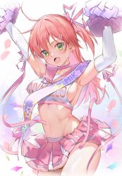 Rule 34 | 1girl, :d, absurdres, ahoge, alternate costume, armpits, arms up, blush, breasts, cheerleader, choker, clothes writing, collarbone, commentary, confetti, cowboy shot, crop top, elbow gloves, english commentary, fang, gloves, green eyes, hair ornament, hair ribbon, hairclip, highres, holding, hololive, lims (neko2lims), long hair, looking at viewer, medium breasts, miniskirt, navel, one side up, open mouth, pink choker, pink hair, pink ribbon, pink skirt, pleated skirt, pom pom (cheerleading), ribbon, sakura miko, sash, shoulder sash, sideboob, signature, skin fang, skirt, sleeveless, smile, solo, star (symbol), stomach, thighs, toned, virtual youtuber, white gloves