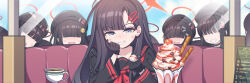 6+girls atsuko&#039;s_grin_(meme) black_hair blue_archive blue_eyes blush collarbone grin hair_ornament hair_over_eyes hairclip halo highres ichika_(blue_archive) incoming_food justice_task_force_member_(blue_archive) looking_at_viewer meme multiple_girls parfait peeking rabe26k school_uniform serafuku smile solo_focus upper_body wavy_mouth