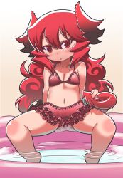 Rule 34 | 1girl, age regression, bad id, bad tumblr id, bikini, blush, child, curly hair, demon girl, demon tail, flat chest, frilled bikini, frills, head tilt, highres, horns, long hair, maou beluzel, matsuda yuusuke, navel, original, partially submerged, red eyes, red hair, sitting, skirt, solo, spread legs, swimsuit, tail, wading pool, water, aged down, yuusha to maou