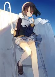 Rule 34 | 1girl, bare legs, blazer, blush, brown footwear, brown hair, buttons, climbing ladder, commentary request, drinking, drinking straw, frilled scarf, jacket, kamizaki hibana, ladder, loafers, long sleeves, looking at viewer, milk carton, no legwear, no socks, original, outdoors, parted bangs, plaid, plaid skirt, pleated skirt, purple eyes, scarf, school uniform, shoes, short hair, short twintails, skirt, solo, sweater, tan sweater, thighs, twintails, white scarf