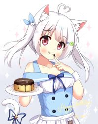Rule 34 | &gt; &lt;, 1girl, :q, ahoge, animal ear fluff, animal ears, apron, bare shoulders, bell, blouse, blue ribbon, blue vest, blush, cat ears, cat girl, cat hair ornament, cat tail, chocolate on hand, closed mouth, clover hair ornament, collarbone, commentary request, food on hand, four-leaf clover hair ornament, gradient background, grey background, hair ornament, hair ribbon, hairclip, happy birthday, heart, heart ahoge, highres, holding, holding plate, jingle bell, long hair, off-shoulder shirt, off shoulder, original, plate, puffy short sleeves, puffy sleeves, red eyes, ribbon, shirt, short sleeves, silver hair, smile, solo, sparkle, tail, tail bell, tail ornament, tail raised, tail ribbon, tongue, tongue out, twintails, vest, waist apron, white apron, white background, white shirt, xiaosamiao