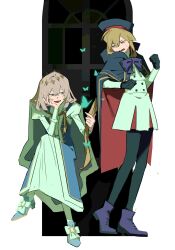 Rule 34 | 1boy, 1girl, artoria caster (fate), artoria caster (second ascension) (fate), artoria pendragon (fate), black gloves, black pantyhose, blonde hair, blue cloak, blue eyes, blue headwear, boots, bow, bug, butterfly, buttons, cape, cloak, cosplay, crossed legs, denoia, dress, fate/grand order, fate (series), full body, gloves, green butterfly, green eyes, grey hair, hat, highres, holding, insect, invisible chair, long hair, long sleeves, looking at another, medium hair, oberon (fate), open mouth, pantyhose, purple bow, purple footwear, sitting, smile, standing, teeth, white background, white dress