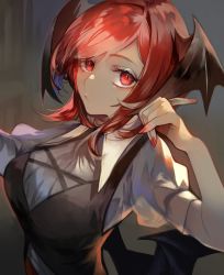 Rule 34 | 1girl, :/, bad id, bad twitter id, bat wings, breasts, head wings, highres, koakuma, looking at viewer, low wings, nail polish, puffy sleeves, red eyes, red hair, red nails, risui (suzu rks), shirt, solo, swept bangs, touhou, upper body, vest, white shirt, wings