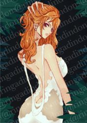 Rule 34 | 1girl, ass, back, bare arms, bare back, bare shoulders, breasts, brown eyes, butt crack, dress, hip focus, large breasts, long hair, looking back, nami (one piece), one piece, orange hair, sherumaru (korcht06), solo, white dress, wide hips