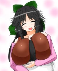 Rule 34 | 1girl, ^ ^, apron, bare shoulders, between breasts, black hair, bow, breasts, closed eyes, closed eyes, female focus, hair bow, head between breasts, hug, huge breasts, jewelry, long hair, masami t, mature female, necklace, off-shoulder, off-shoulder sweater, open mouth, reiuji utsuho, smile, sweater, touhou