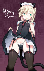 Rule 34 | 1girl, animal ears, black dress, black garter belt, black garter straps, black necktie, black panties, black thighhighs, blonde hair, blush, breasts, cat ears, cat girl, cat tail, clothes lift, commentary request, covered erect nipples, detached collar, dress, dress lift, garter belt, garter straps, gluteal fold, green eyes, heinrike prinzessin zu sayn-wittgenstein, long hair, looking at viewer, maid headdress, necktie, noble witches, open mouth, panties, pussy, pussy peek, shimada fumikane, sleeveless, sleeveless dress, small breasts, solo, string panties, tail, thighhighs, translation request, underwear, world witches series, wrist cuffs