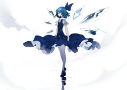 Rule 34 | 1girl, bare legs, blue bow, blue dress, blue eyes, blue hair, bow, cirno, detached wings, dress, full body, hair bow, highres, ice, ice wings, ikurauni, looking away, neck ribbon, no shoes, pinafore dress, profile, red ribbon, reflection, ribbon, ripples, shirt, shoes, short sleeves, sleeveless dress, solo, standing, standing on liquid, tiptoes, touhou, white shirt, wings