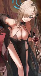 Rule 34 | 2girls, 7gao, absurdly long hair, absurdres, alcohol, alternate costume, asuna (blue archive), bare shoulders, bent over, black dress, blonde hair, blue archive, blue eyes, bra, bra peek, breasts, cleavage, cocktail dress, cup, dress, drinking glass, hair over one eye, halo, highres, holding, holding cup, jewelry, karin (blue archive), lace, lace-trimmed bra, lace trim, large breasts, leaning forward, legs, long hair, mole, mole on breast, multiple girls, party, seductive smile, smile, underwear, very long hair, wine, wine glass