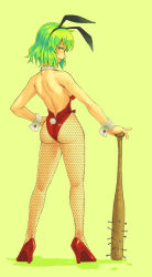 Rule 34 | 1girl, animal ears, ass, back, bare back, bare shoulders, baseball bat, bow, bowtie, club, club (weapon), fake animal ears, female focus, fishnet pantyhose, fishnets, from behind, green background, green hair, grin, hairband, hand on own hip, high heels, hip focus, kazami yuuka, leotard, looking at viewer, looking back, nail, nail bat, pantyhose, playboy bunny, profile, rabbit ears, rabbit tail, red eyes, shoes, simple background, smile, solo, spiked club, standing, tail, touhou, unmoving pattern, weapon, wrist cuffs, yuuji (and)