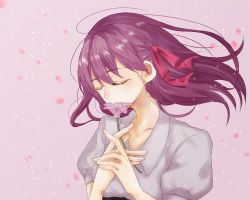 Rule 34 | 1girl, collarbone, dress, closed eyes, fate/stay night, fate (series), flower, hair ribbon, hands up, low neckline, matou sakura, own hands together, petals, purple background, purple hair, red ribbon, ribbon, smelling flower, solo, upper body, white dress, xxxntrsio