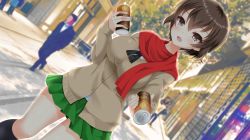 Rule 34 | 1girl, absurdres, backlighting, bad id, bad pixiv id, black neckerchief, black socks, brown eyes, brown hair, brown sweater, caesar (girls und panzer), can, cardigan, dappled sunlight, drink can, dutch angle, girls und panzer, highres, holding, holding can, kneehighs, long sleeves, looking at viewer, miniskirt, multiple others, neckerchief, ooarai school uniform, open mouth, outdoors, pleated skirt, red scarf, religious offering, ryochapu, scarf, school uniform, short hair, skirt, smile, socks, soda can, solo, solo focus, standing, sunlight, sweater