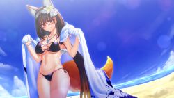 Rule 34 | 1girl, absurdres, animal ear fluff, animal ears, beach, bikini, black hair, breasts, cleavage, collarbone, day, fate/grand order, fate (series), flower, fox ears, fox tail, glasses, groin, hair flower, hair ornament, highres, huge filesize, jewelry, large breasts, light smile, long hair, looking at viewer, magatama, magatama necklace, mkon, multicolored hair, navel, necklace, osakabehime (fate), osakabehime (foxy lady) (fate), outdoors, purple eyes, side-tie bikini bottom, solo, swimsuit, tail, twintails, very long hair