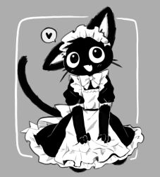 Rule 34 | 1girl, animal ears, apron, back bow, black dress, blush, border, bow, bowtie, cat ears, cat girl, cat tail, dress, fang, female focus, flat chest, frilled apron, frills, full body, furry, furry female, grey background, greyscale, happy, heart, highres, light blush, long dress, looking at viewer, maid, monochrome, non nya nya, open mouth, original, outside border, pinup (style), puffy short sleeves, puffy sleeves, short hair, short sleeves, simple background, sitting, sketch, skin fang, smile, solo, speech bubble, spoken heart, tail, tail raised, whiskers, white border, wide-eyed
